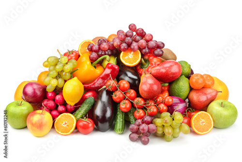 Photo: collection fruits and vegetables isolated on white background collection fruits and vegetables isolated on white background