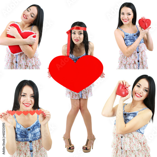 Photo: Collage of Valentine's Day. Attractive young woman with heart. Collage of Valentine's Day. Attractive young woman with heart.