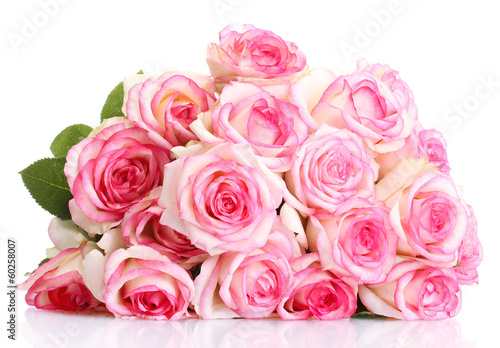 Photo: beautiful bouquet of pink roses isolated on white beautiful bouquet of pink roses isolated on white