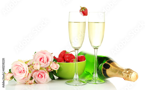 Photo: Romantic still life with champagne, strawberry and pink roses, Romantic still life with champagne, strawberry and pink roses,