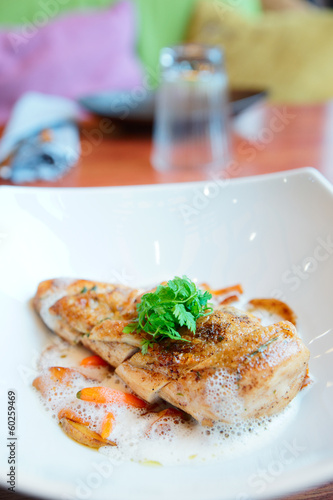 Photo: Fried chicken breast with vegetables and froth sauce Fried chicken breast with vegetables and froth sauce