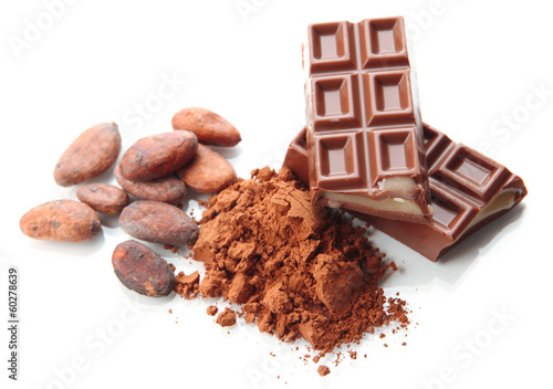 Photo: Composition of chocolate sweets and cocoa, isolated on white Composition of chocolate sweets and cocoa, isolated on white