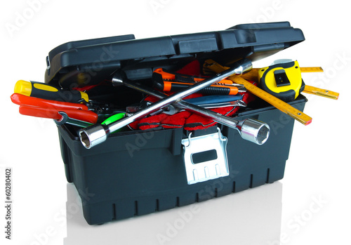 Photo: Black toolbox with tools isolated on white Black toolbox with tools isolated on white