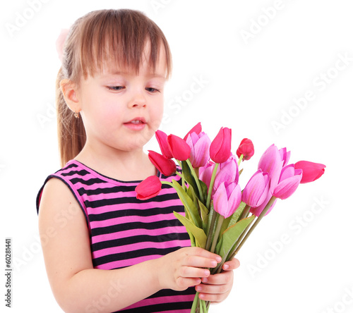 Photo: Beautiful little girl holding bouquet isolated on white Beautiful little girl holding bouquet isolated on white