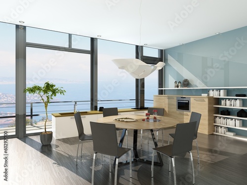 Illustration: Luxury white kitchen interior with wooden furniture Luxury white kitchen interior with wooden furniture
