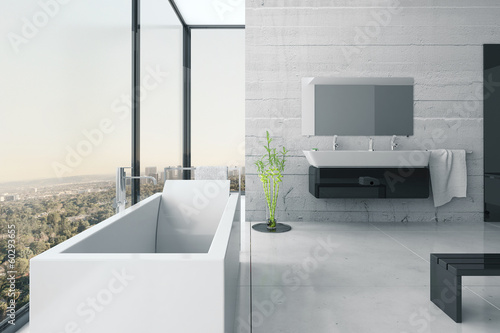 Illustration: White bathroom interior with concrete walls and tiled floor White bathroom interior with concrete walls and tiled floor