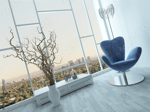 Illustration: Stylish blue armchair in a modern white room Stylish blue armchair in a modern white room