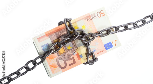 Photo: Euro currency with chain for security and investment Euro currency with chain for security and investment