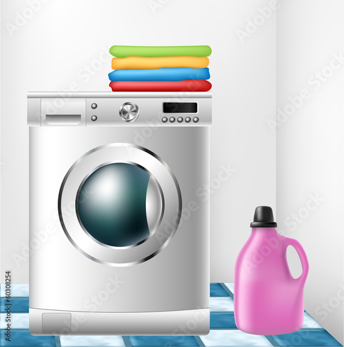 Vector: Washing machine with clothes and detergent bottle Washing machine with clothes and detergent bottle