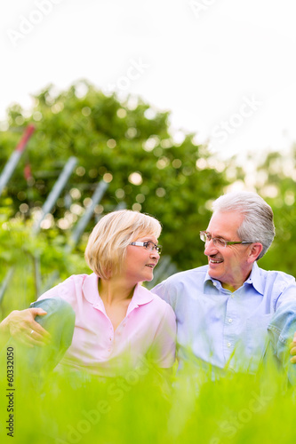 Photo: Glückliche Senioren sitzen in Weinberg Glückliche Senioren sitzen in Weinberg