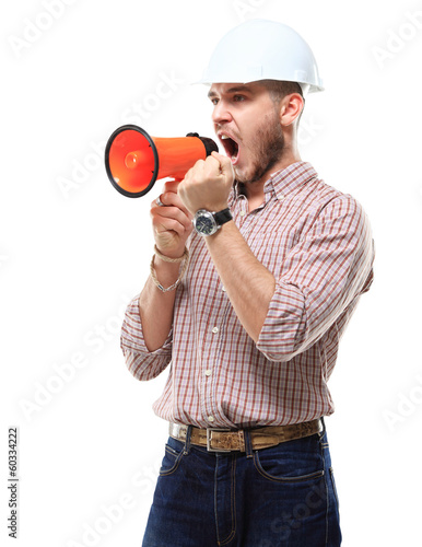 Photo: business man shouting using megaphone isolated on white business man shouting using megaphone isolated on white