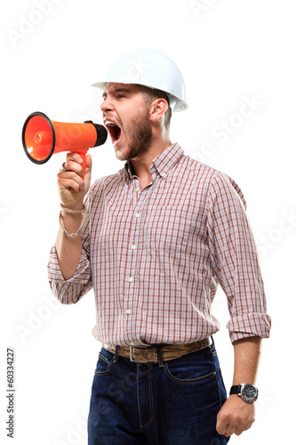Photo: business man shouting using megaphone isolated on white business man shouting using megaphone isolated on white