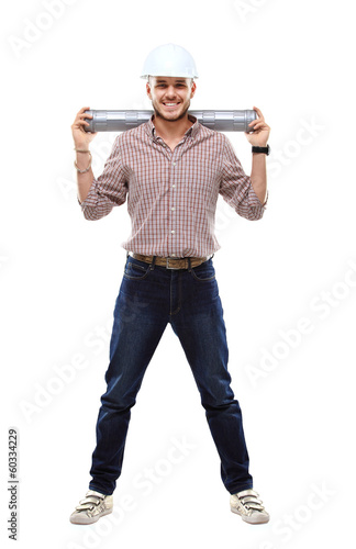 Photo: Happy young businessman architect on white background Happy young businessman architect on white background