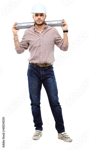 Photo: Happy young businessman architect on white background Happy young businessman architect on white background