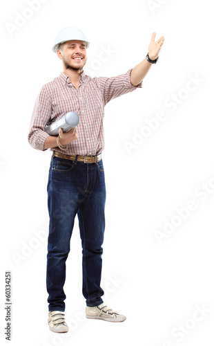 Photo: Happy young businessman architect on white background Happy young businessman architect on white background
