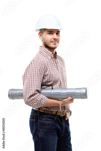 Photo: Happy young businessman architect on white background Happy young businessman architect on white background