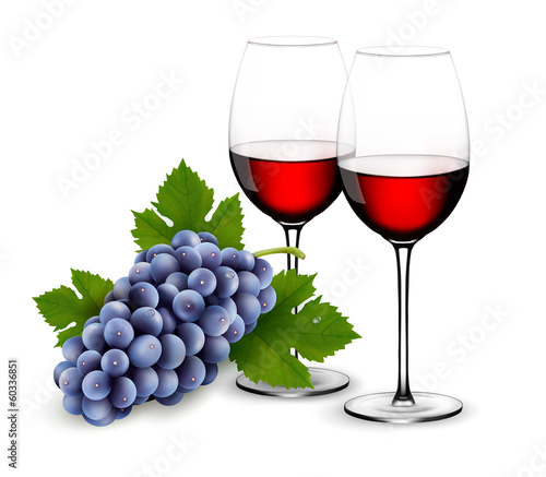 Vector: Two glasses of red wine with grapes. Vector. Two glasses of red wine with grapes. Vector.