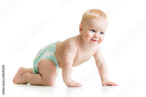 Photo: funny crawling baby boy isolated on white background funny crawling baby boy isolated on white background