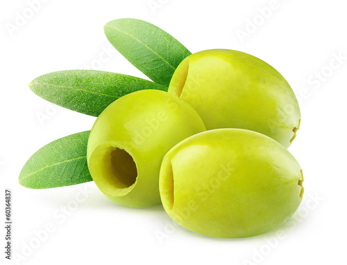 Photo: Pitted green olives isolated on white Pitted green olives isolated on white