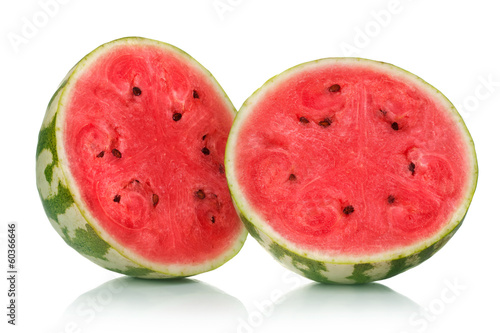 Photo: Two halves of watermelon on white background Two halves of watermelon on white background