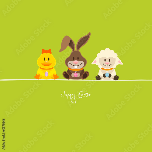 Vector: Duck, Bunny & Lamb With Eggs Green Duck, Bunny & Lamb With Eggs Green