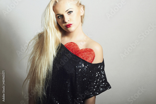 Photo: Beautiful Blond Woman with Red Heart.Valentine's Day.Under Dress Beautiful Blond Woman with Red Heart.Valentine's Day.Under Dress