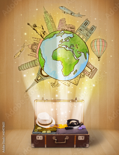 Photo: Luggage with travel around the world illustration concept Luggage with travel around the world illustration concept