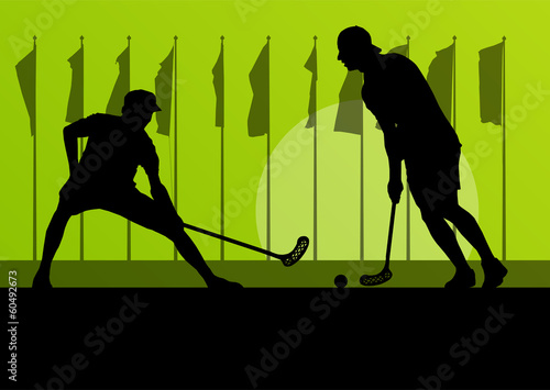 Vector: Floorball player vector silhouette background landscape with fla Floorball player vector silhouette background landscape with fla
