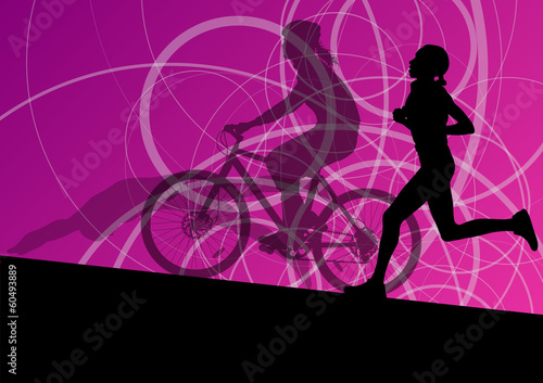 Vector: Triathlon marathon active young women swimming cycling and runni Triathlon marathon active young women swimming cycling and runni