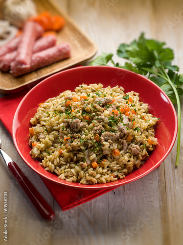 Photo: rice with sausage, selective focus rice with sausage, selective focus