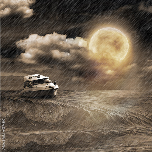 Photo: Boat in storm evening on ocean and the moon Boat in storm evening on ocean and the moon