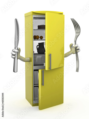 Illustration: refrigerator with arms, fork and knife on hands refrigerator with arms, fork and knife on hands
