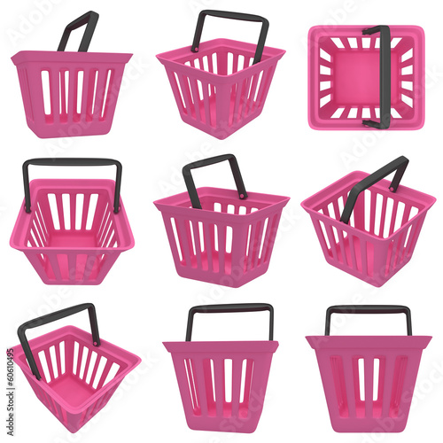 Illustration: 3D rendering of pink shopping basket. Set. 3D rendering of pink shopping basket. Set.