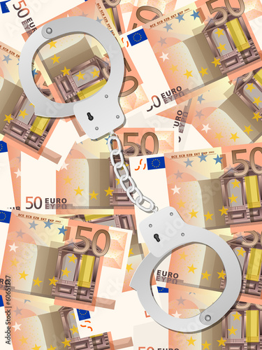 Illustration: handcuffs on fifty euro background vertical handcuffs on fifty euro background vertical