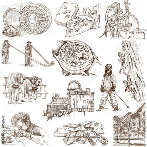 Illustration: Traveling series: SWITZERLAND (no.1) - hand drawings on white Traveling series: SWITZERLAND (no.1) - hand drawings on white