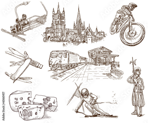 Illustration: Traveling series: SWITZERLAND (no.2) - hand drawings on white Traveling series: SWITZERLAND (no.2) - hand drawings on white
