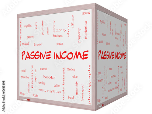 Illustration: Passive Income Word Cloud Concept on a 3D cube Whiteboard Passive Income Word Cloud Concept on a 3D cube Whiteboard