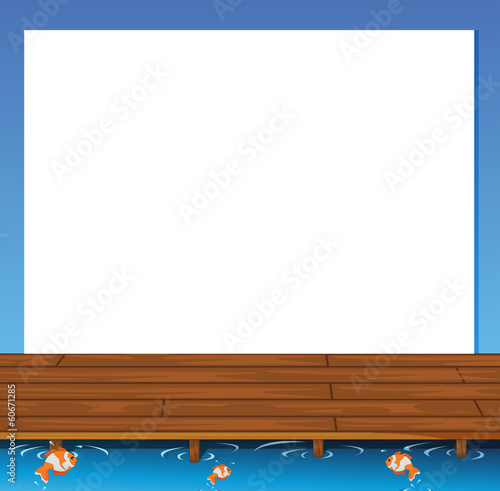 Vector: An empty paper template with a wooden bridge and fishes at the b An empty paper template with a wooden bridge and fishes at the b
