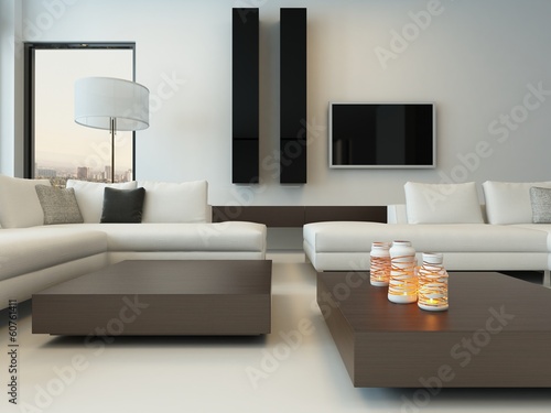 Photo: Modern white living room with wooden furniture Modern white living room with wooden furniture