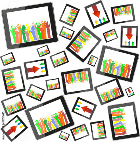 Illustration: hands and business arrow on tablet touch computer set on white hands and business arrow on tablet touch computer set on white