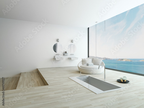 Photo: Modern floor bathtub against huge window with seascape view Modern floor bathtub against huge window with seascape view