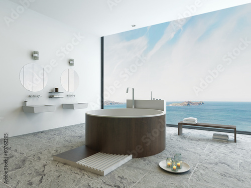 Photo: Design bathroom interior with modern round wooden bathtub Design bathroom interior with modern round wooden bathtub