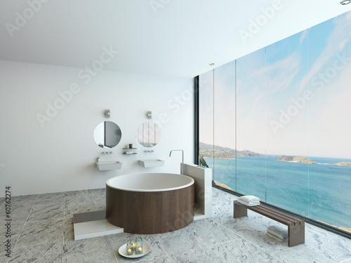 Photo: Design bathroom interior with modern round wooden bathtub Design bathroom interior with modern round wooden bathtub