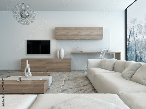 Illustration: Modern white living room with wooden furniture Modern white living room with wooden furniture