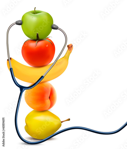Vector: Fruit with a stethoscope. Healthy eating concept. Vector. Fruit with a stethoscope. Healthy eating concept. Vector.