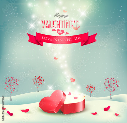 Vector: Valentine`s day background with an open red gift box. Vector. Valentine`s day background with an open red gift box. Vector.