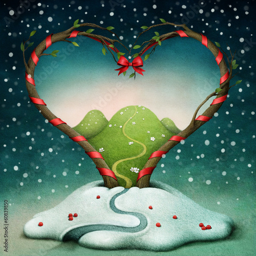 Fototapeta Greeting card or poster with trees in form of heart