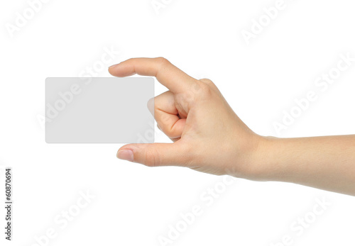 Photo: Hand holds virtual card on white background . Hand holds virtual card on white background .