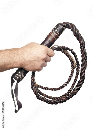 Photo: male hand holding brown leather whip isolated on white backgroun male hand holding brown leather whip isolated on white backgroun