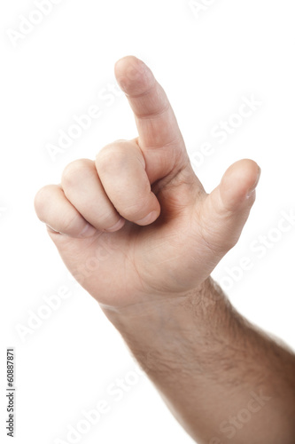 Photo: male hand touching virtual screen isolated on white background male hand touching virtual screen isolated on white background